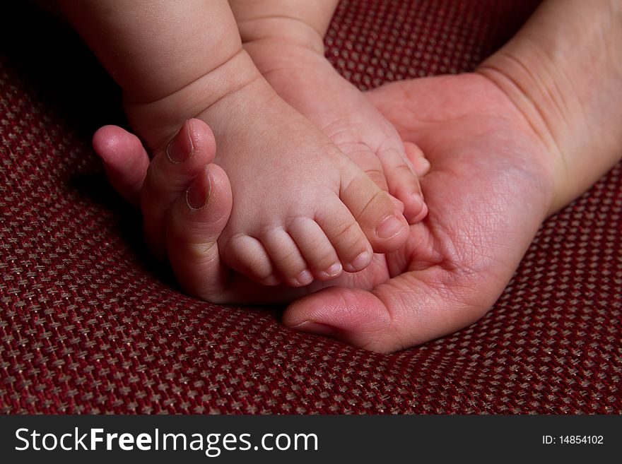 Feet of the baby in mother's hand