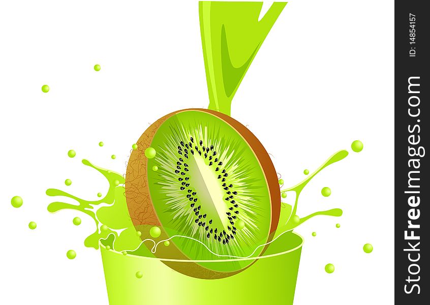 Kiwi falling in juice, illustration, AI file included