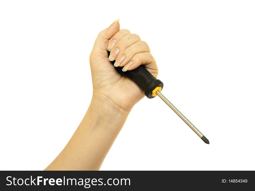 Screwdriver in a beautiful female hand isolated on white background