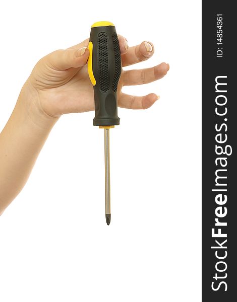 Screwdriver in a beautiful female hand isolated on white background