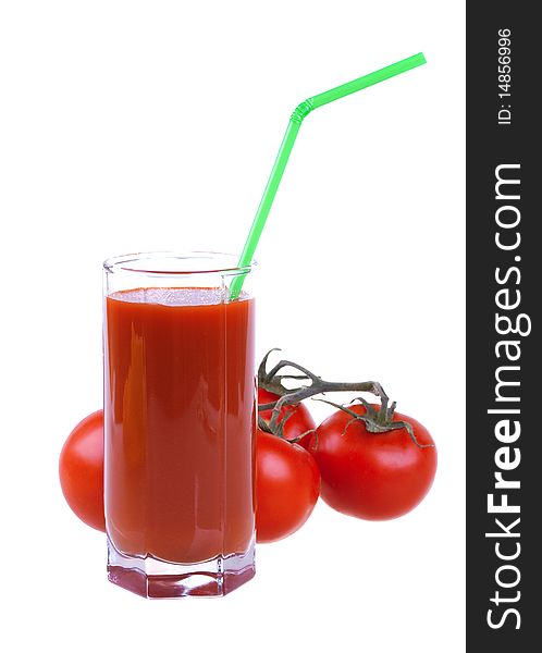 Glass of fresh tomato juice with tomatoes isolated on white background