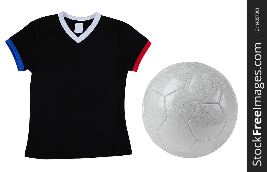 Black football t-shirt and soccer ball over white. Black football t-shirt and soccer ball over white.