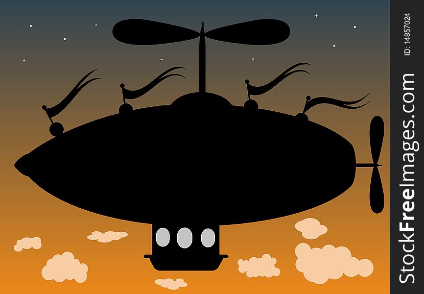 Outline of fantasy blimp like ship hovering in sky as day turns to night editable illustration. Outline of fantasy blimp like ship hovering in sky as day turns to night editable illustration