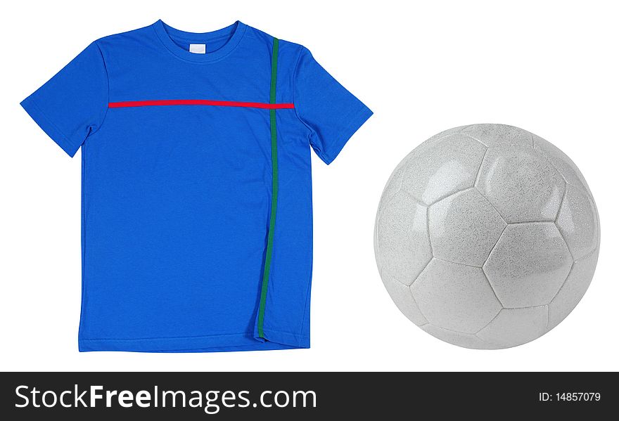 Blue football t-shirt and soccer ball over white. Blue football t-shirt and soccer ball over white.