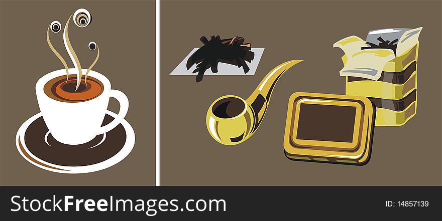 Vector illustration of a tobacco pipe with accessories and cup of coffee. Vector illustration of a tobacco pipe with accessories and cup of coffee