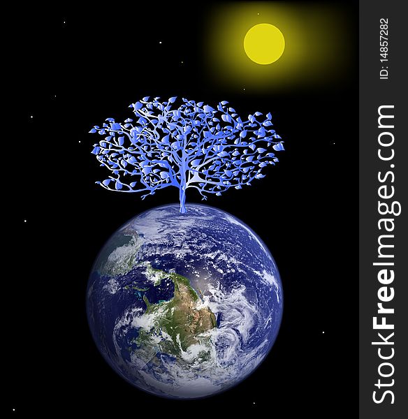 The blue tree symbolising a life, - grows from a planet the earth. The blue tree symbolising a life, - grows from a planet the earth.