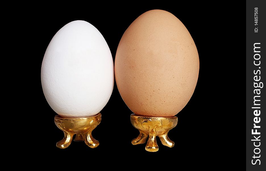 An image comparing a white conventional large egg to a brown free range egg. An image comparing a white conventional large egg to a brown free range egg