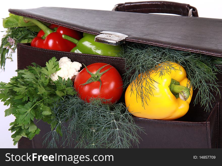 Brown Briefcase With Ripe Fresh Vegetables