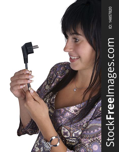 Woman looking at the power plug