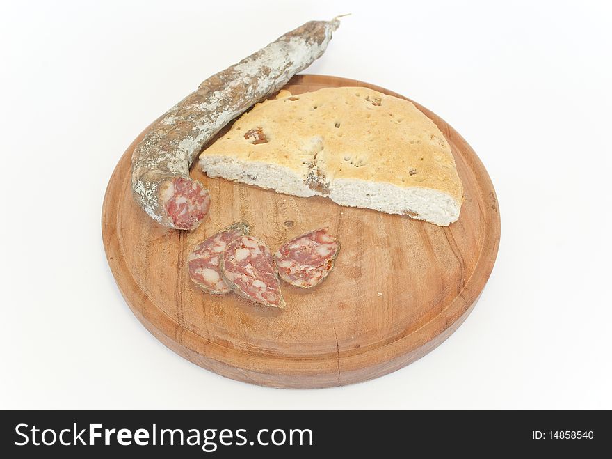 Italian sausage and bread isolated on white background