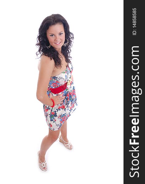 Photograph showing pretty young girl in floral dress. Photograph showing pretty young girl in floral dress