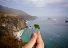 Free Hand Holding Leaf Clover. Irish Cliffs Background Royalty Free Stock Image - 148524496