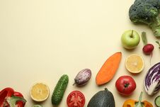 Flat Lay Composition With Fresh Ripe Vegetables And Fruits On Color Background Stock Images