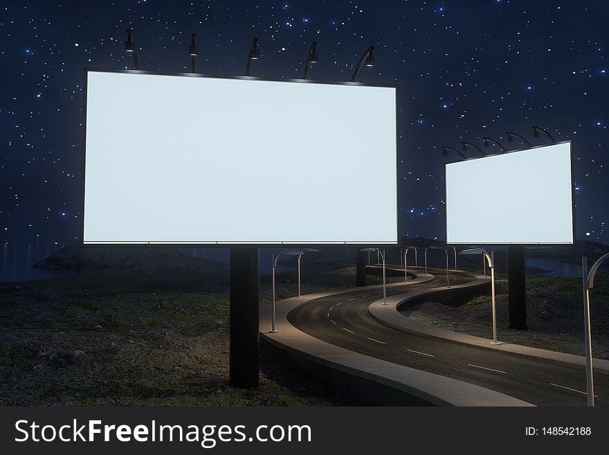 Blank advertising board and winding road, 3d rendering