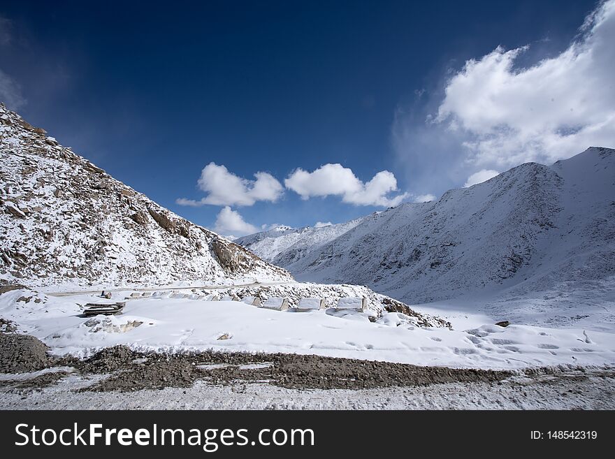 A view of snow mountain on the way from Leh to Pangong lake in Ladakh