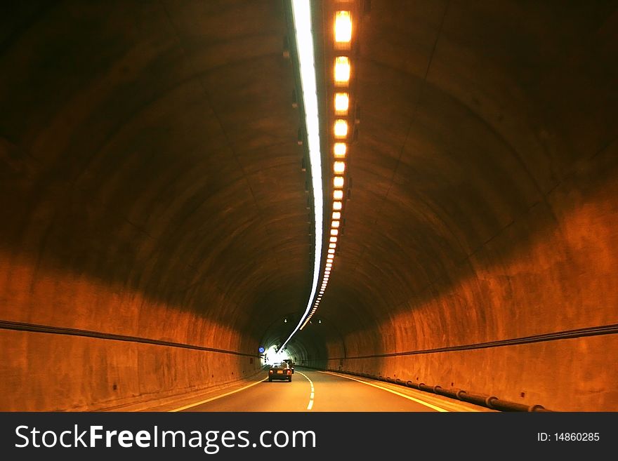 Tunnel road with lights  in Cyprus.