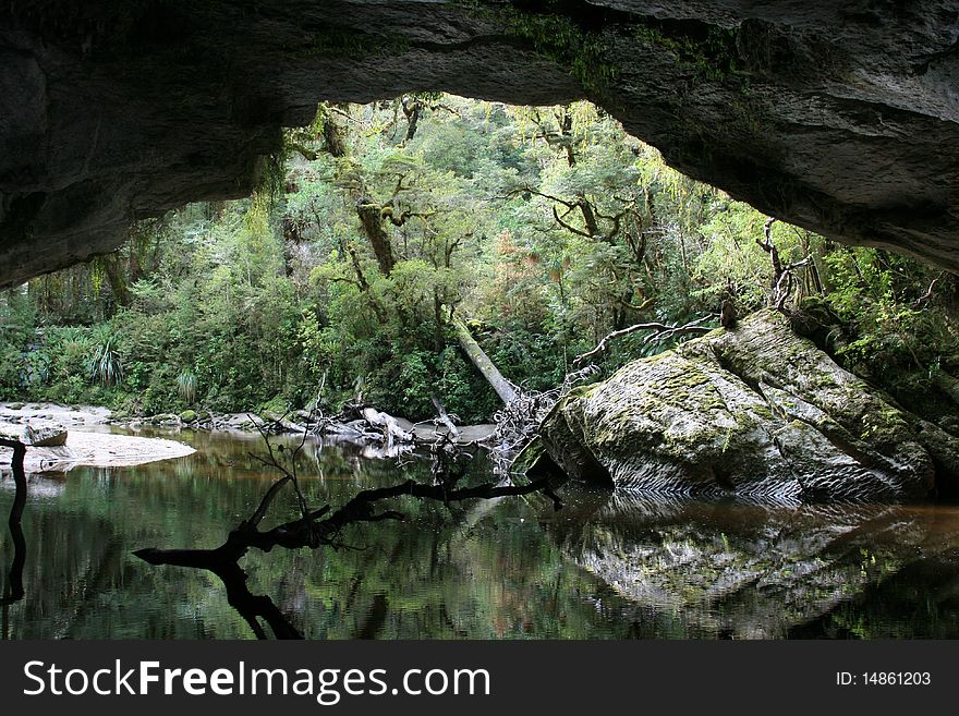 Inside a cave on the West Coast of New Zealand showing trees reflected in the water. Inside a cave on the West Coast of New Zealand showing trees reflected in the water