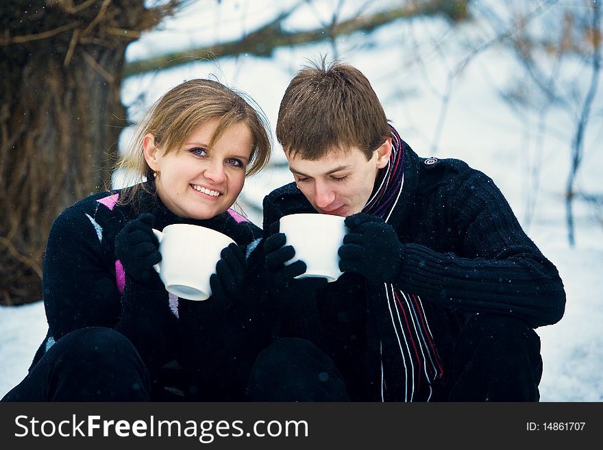 Couple in love drinking tea