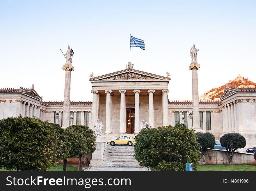 Front view of the Academy of Athens in spring, Greece