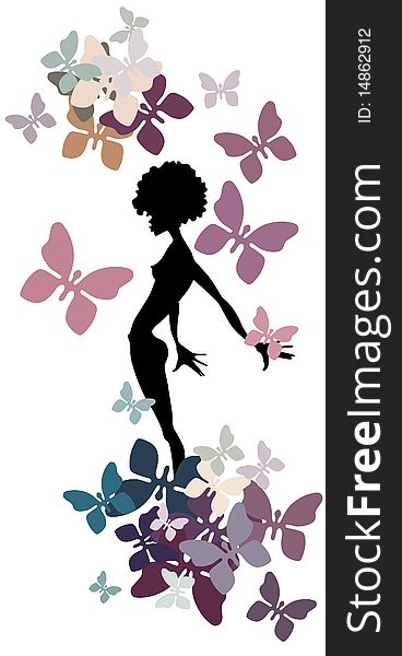 This illustration shows a silhouette of a girl and a lot of flying butterflies, is a vector illustration work. This illustration shows a silhouette of a girl and a lot of flying butterflies, is a vector illustration work