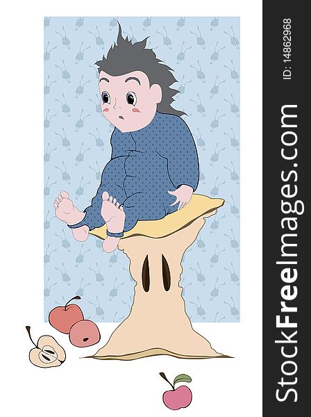 The illustration shows a small boy sitting on the cores from apples, is a vector illustration work. The illustration shows a small boy sitting on the cores from apples, is a vector illustration work