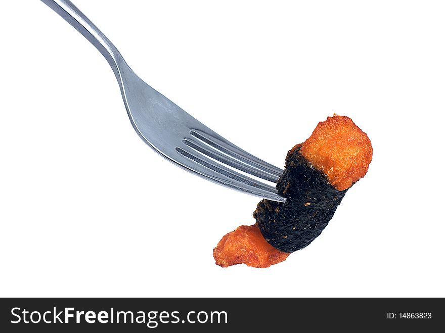 Fried chicken stick with algae roll close up isolated. Fried chicken stick with algae roll close up isolated