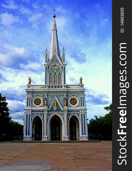 The church in front of the blue sky