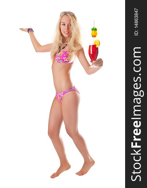Beautiful girl in bikini with a cocktail in hand. Beautiful girl in bikini with a cocktail in hand