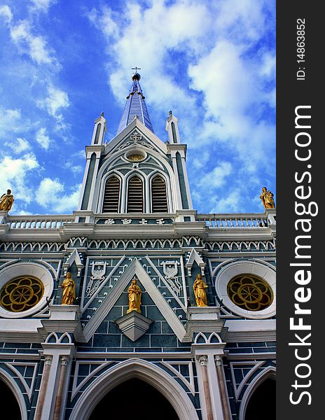 The church in front of the blue sky