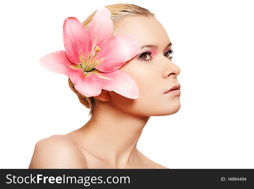 Summer Spa Woman With Beauty Pink Make-up & Flower