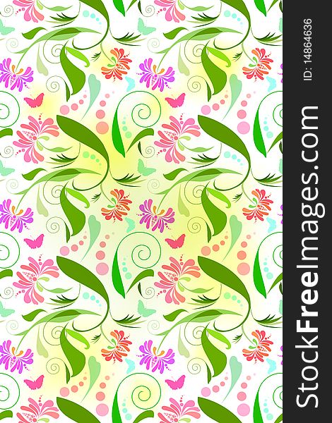 Seamless Floral Pattern with butterflies. Very bright and festive.