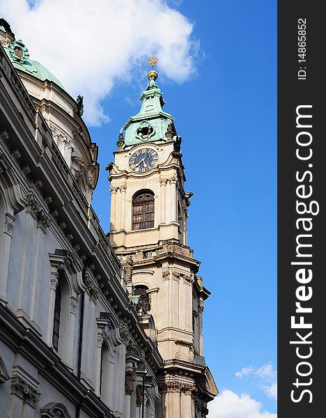 Tower clock on top of a church in Prague. Tower clock on top of a church in Prague