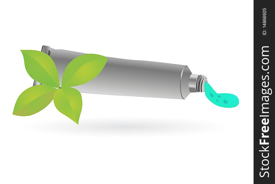 Illustration of tooth cream tube with mint leaves on blank background. Illustration of tooth cream tube with mint leaves on blank background