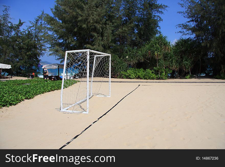 Sandy Beach football net on sandy beach,