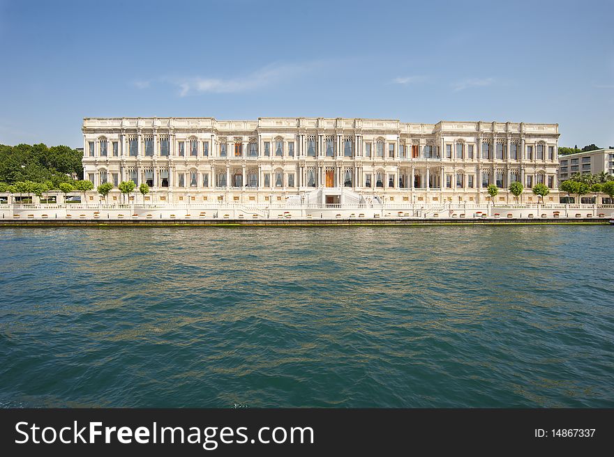 A large luxury hotel created from the Ciragan Palace in Istanbul, Turkey, located on the waterfront of a river. A large luxury hotel created from the Ciragan Palace in Istanbul, Turkey, located on the waterfront of a river