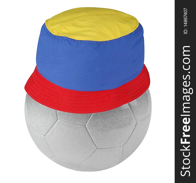 Colorful hat on football isolated over white. Colorful hat on football isolated over white.