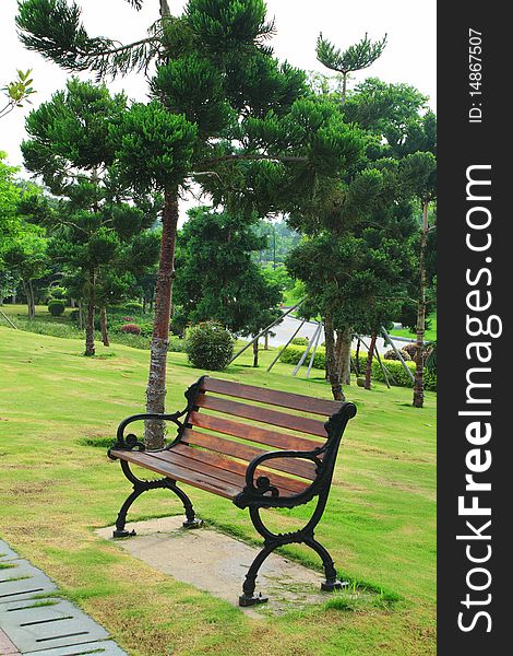 Bench in park, bordered by trees and grass