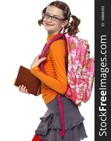 Portrait Of Schoolgirl With Books And Bag