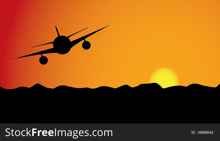 An airplane flying at sunset with sun behind mountains. Editable  file. An airplane flying at sunset with sun behind mountains. Editable  file.