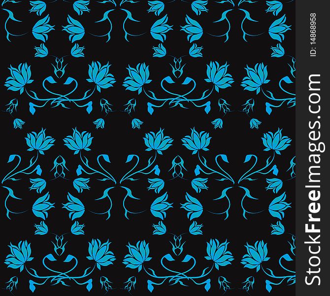 Black background with blue flowers ,ornament. Black background with blue flowers ,ornament.