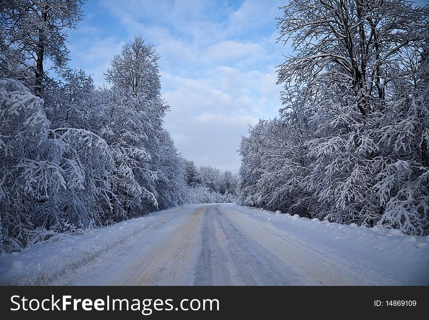 Winter road near Seliger lake, Russia