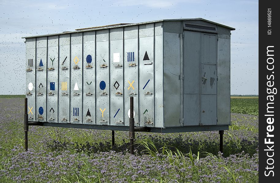 A mobile beehive. Beehives are painted bright colours to attract the bees, sometimes using traditional folk art designs. A mobile beehive. Beehives are painted bright colours to attract the bees, sometimes using traditional folk art designs.