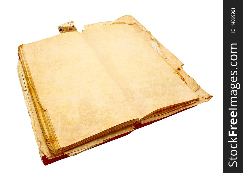 Ancient notebook for notes with the turned yellow pages isolated on a white background