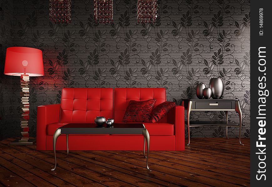 Black room with red sofa and night-light. Black room with red sofa and night-light