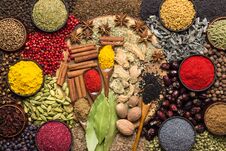 Various Spices And Condiments For Cooking Food. Seasoning Background, Top View Stock Images