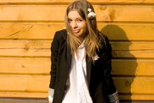 Girl Standing In Front Of A Wooden House Stock Image Girl Standing In Front Of A Wooden House Stock Image