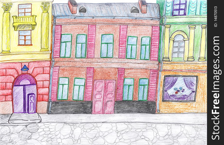 City concept, illustration, colored soft-tip pen drawing. City concept, illustration, colored soft-tip pen drawing