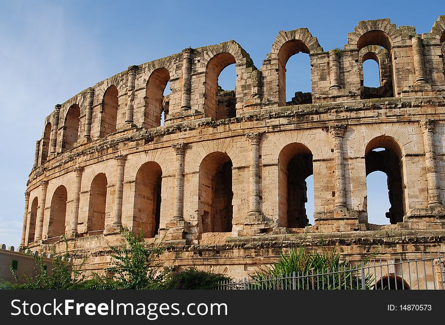 Tunisia. El Jem. Ruins of the largest colosseum in North Africa - fragment of auditorium