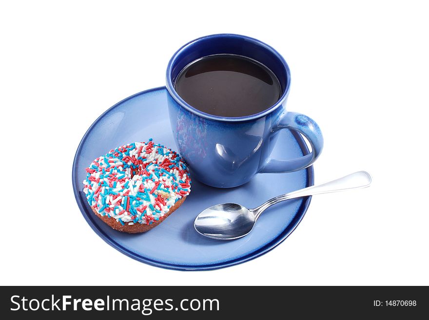 Blue coffee cup with donut. Blue coffee cup with donut