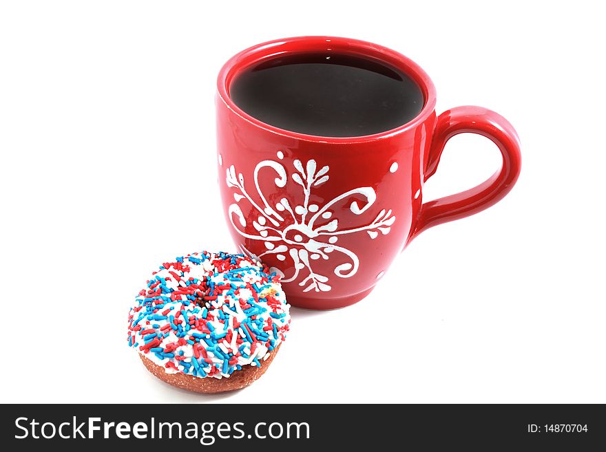 Red coffee cup with donut. Red coffee cup with donut